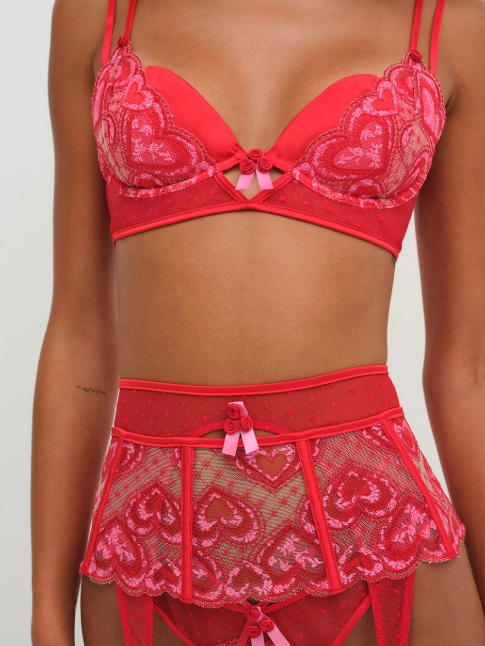 For Love & Lemons Red Lace Bra, Garter Skirt & Thong Set